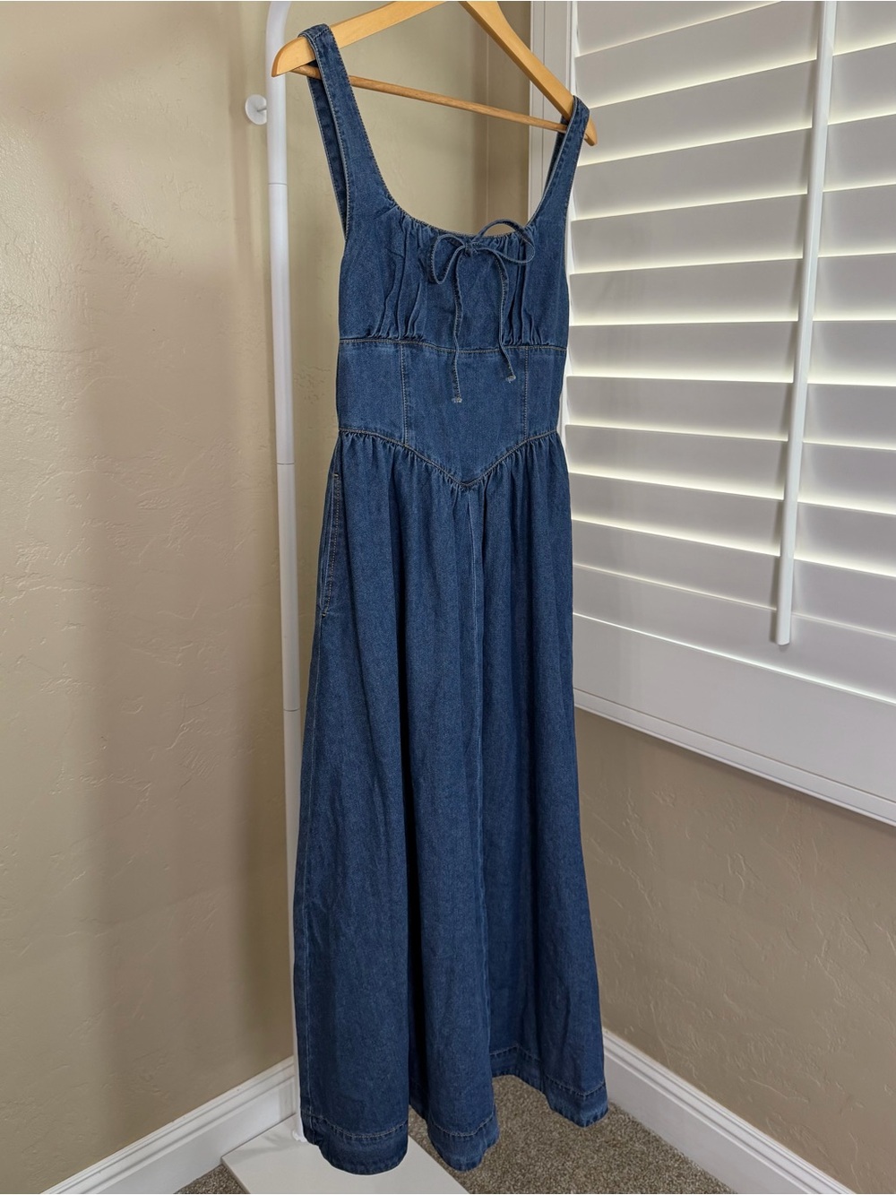 Commense Blue Denim Square Neck Tie Front Cotton Blend Midi Dress Small NWT - Picture 5 of 11